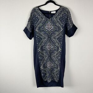 Megan Park Silk Midi Dress Womens 1 Small Blue Floral Panel Short Sleeve Classic